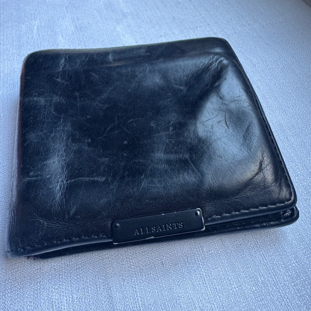 AllSaints Bifold Wallet Black Mens Leather Logo Plaque Slim Minimalist Grunge